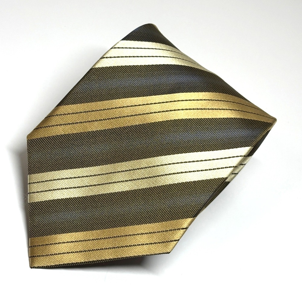 Valerio Garati Silk Tie Mens OS Gold Green Striped Handmade Necktie Wedding Repp